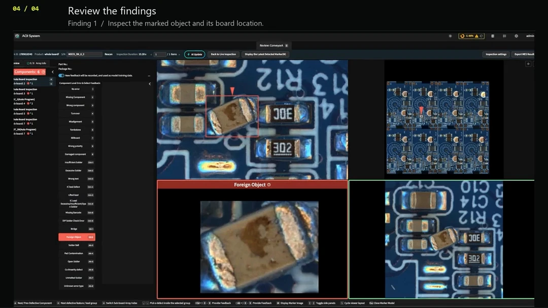 DaoAI AOI software reviewing a foreign-object finding on a panel, with the full board, close-up and board location side by side