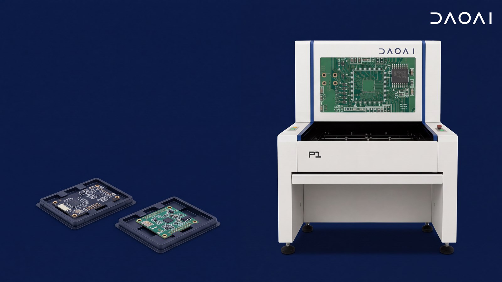 DaoAI P1 offline AOI shown with two PCB samples, generated illustration based on an official product photograph.